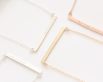 Solid Gold Cross Bar Necklace with Names or Date, Handstamped Skinny Bar Necklace, Solid Rose Gold White Gold Bar Necklace, Mothers Day