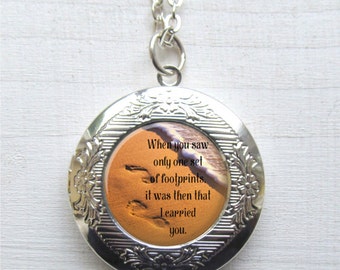 Footprints In The Sand Necklace, Photo Locket, Quote Jewelry, Inspirational Locket