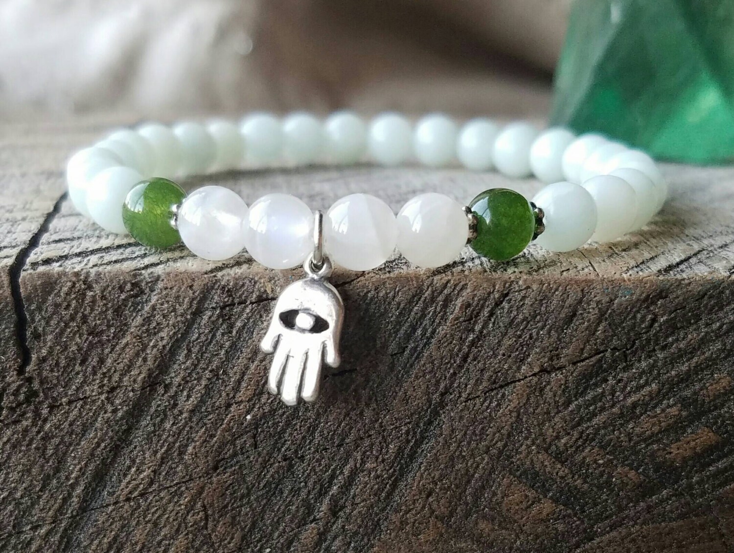 Amazonite Jade and Moonstone Hamsa Bracelet COURAGE