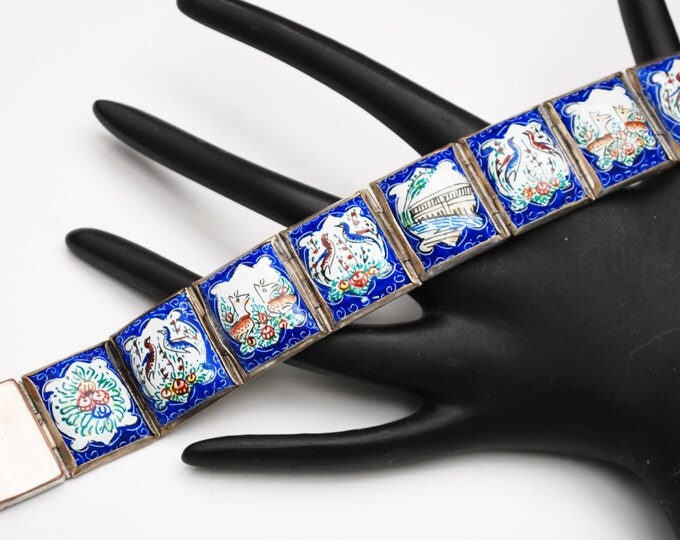 Hand Painted Enamel Panel bracelet - story tile - 850 silver -blue white - birds animals - oriental link bangle