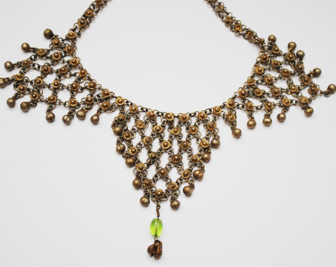 India Chain Link Bib Necklace - Gypsy Boho - Green Glass - Brass gold tone metal - chain maille -Belly dancer