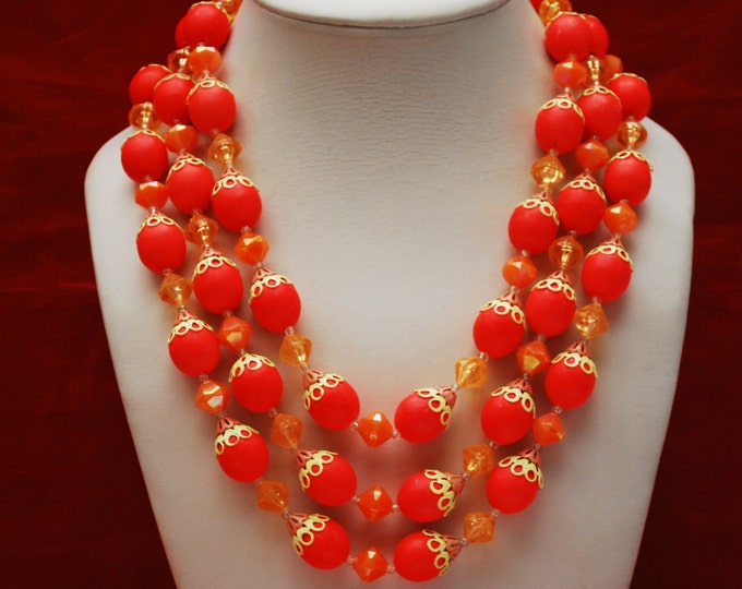 Orange Triple Strand Bead Necklace and earrings - Signed Hong Kong - Lucite plastic - yellow - clip on earring
