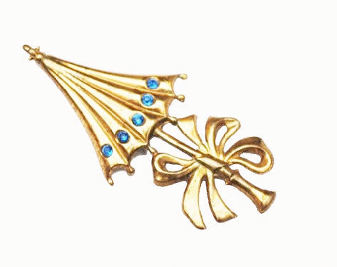 Umbrella Brooch - Gold with Blue Rhinestone - Figurine pin