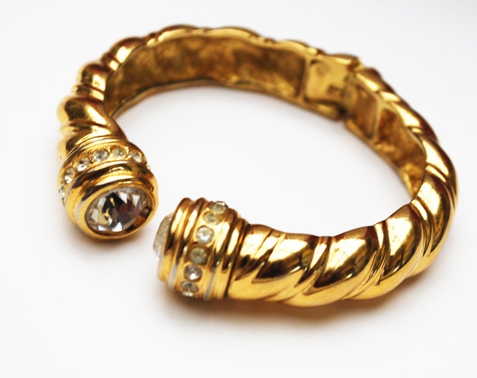 Joan Rivers Clamper Cuff bracelet - Gold Rhinestone hinged bangle -clear rhinestone