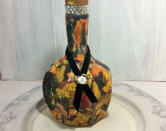 Altered Glass Decanter, Decorative Wine Decanter, Mixed Media Gold Decanter Decoupage Grapes Cheese Wine Decor, Painted Art Glass Decanter