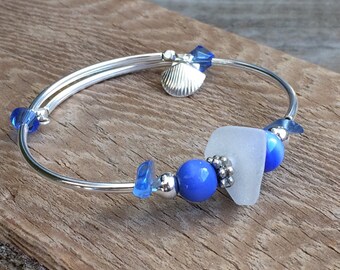 Genuine Sea Glass bracelet, blue, white Beach Glass Bracelet, Sea Glass bangle Bracelet unique gift for her,beach jewelry,thank you mom gift