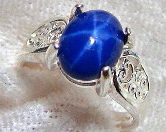 10x8 Star Sapphire Ring (Lab), Filigree Star Sapphire Ring (Lab) Solid 925 Sterling Silver Size 7 Unisex Oval