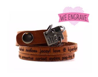 Genuine Leather Bracelet Laser Engraved Favorite Quote Quotes Personalized Customized Personal Custom Leather Wrap Cuff Wide. B006-PS