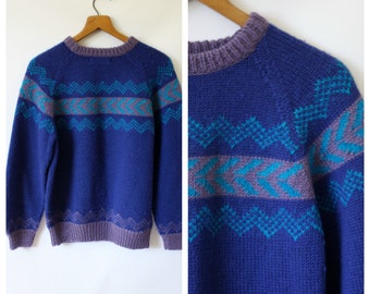 Womens Fair Isle Sweater 1980s Winter Wool Sweater Blue Nordic Sweater Peruvian Purple Sweater Handmade Peru Wool Sweater M