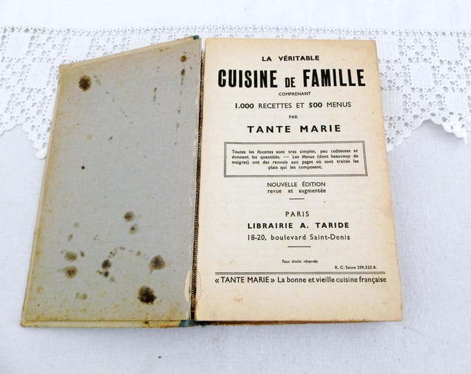 Antique French Cookbook from 1935 " Le Veritable Cuisine de Famille par Tante Marie" 1000 Recipes and 500 Menus, Written in French, France,