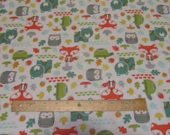 White Woodland Animal with Fox/Bear/Turtle/Owl Flannel Fabric by the Yard