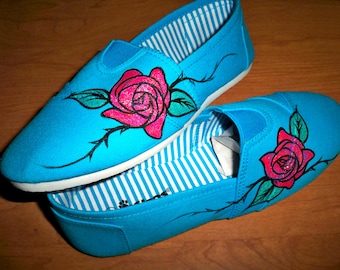 Rose & Thorns,Painted Shoes, Hand Painted,Womens Shoes,Canvas Sneakers, Aqua, Blue, Size 8,Painted Flats,Wearable Art,Ladies painted sneaker