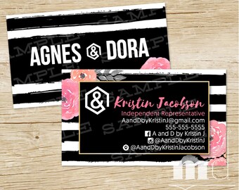 Custom Agnes and Dora Business Cards, Agnes & Dora Consultant Biz Card, Black Stripe Floral Personalized Marketing Kit / Branding, PRINTABLE
