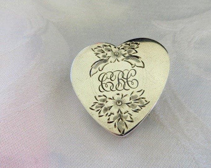 Sterling Pill Box Brooch, Vintage Silver Heart Pill Box Pin, Monogrammed, Wedding Bride