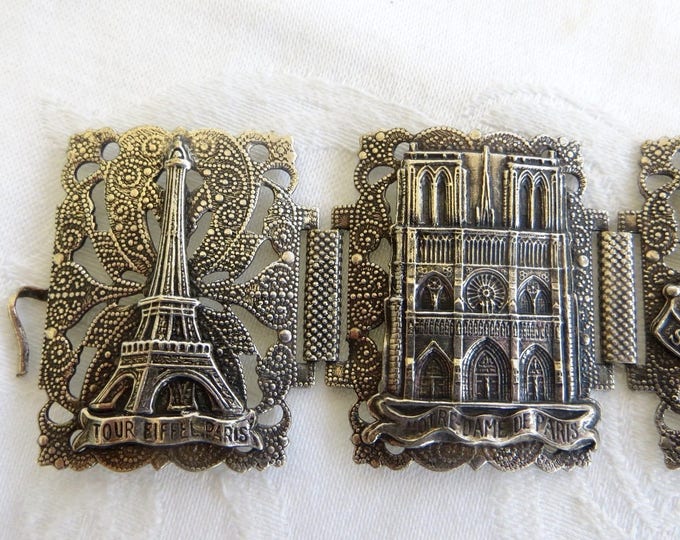 Vintage Paris Souvenir Bracelet, Paris Landmarks, Raised Relief Panel Bracelet, Statement Bracelet