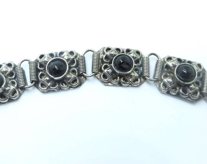 Vintage Bracelet, Silver Repousse Panels, Glass Cabochon Stones, Dimensional Baroque Beauty!