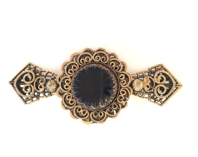 Vintage Filigree Brooch, Pendant, Black Glass Center Stone, Unsigned Florenza Pin