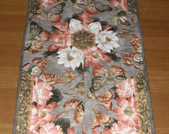 Quilted Table Runner, Floral Oriental Flavor Table Runner, Butterflies Gray Peach Table Runner, Formal Table Runner, Quiltsy Handmade