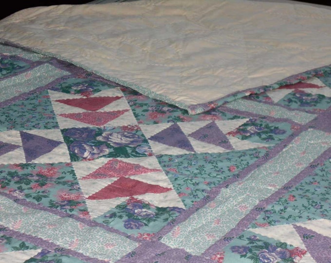 Sale: Bright Flying Geese Queen Quilt, Multi-colored Flying Geese Quilt and Hand Quilted Flying Geese Quilt
