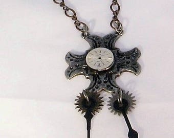 Necklace, pendant, steampunk, spinners, gears, clock face, F, jewelry
