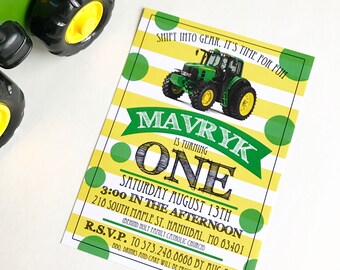 John Deere Birthday | shift into gear | Tractor | First Birthday | Green ans Yellow | Birthday Party invitation | Digital File