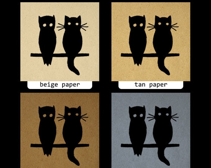 Owl and Cat Image Printable Graphic Download Illustration Digital Vintage Clip Art Jpg Png Eps HQ 300dpi No.2157