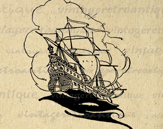 Digital Printable Ship in the Sky Graphic Boat Image Download Antique Clip Art Jpg Png Eps HQ 300dpi No.3029