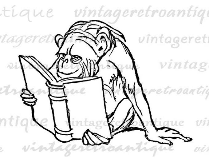 Chimpanzee Monkey with Book Reading Digital Image Download Printable Graphic Vintage Clip Art Jpg Png Eps HQ No.1736