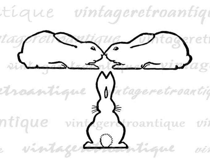 Three Rabbits Digital Graphic Image Cute Bunny Easter Download Printable Antique Clip Art Jpg Png Eps HQ 300dpi No.427