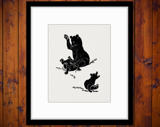 Digital Graphic Mother Bear Spanking Little Bears Download Blackbear Printable Image Artwork Vintage Clip Art Jpg Png HQ 300dpi No.838