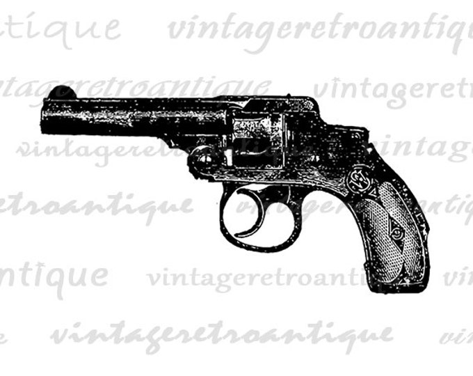 Black Revolver Gun Graphic Digital Printable Illustration Download Image Vintage Clip Art Jpg Png Eps HQ 300dpi No.1490