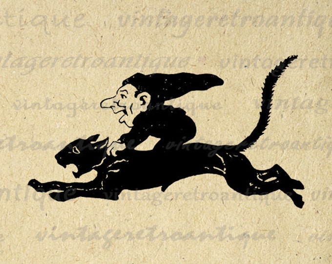 Digital Image Elf Riding Black Cat Printable Graphic Illustrated Download Antique Clip Art Jpg Png Eps HQ 300dpi No.3642