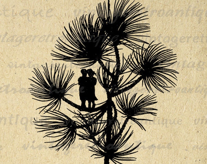 Fairy Couple on Branch Silhouette Image Digital Download Printable Graphic Antique Clip Art Jpg Png Eps HQ 300dpi No.2205