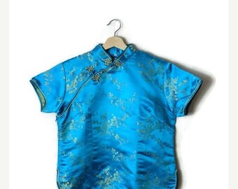 Green Lace Trim Cheongsam Blouse Top