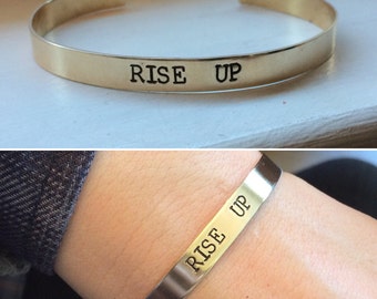 Rise up bracelet cuff, Young scrappy and hungry, quote bracelet, cuff bracelet, hand stamped gold bar, copper cuff, Hamilton