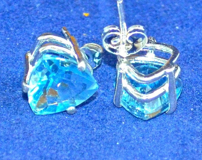 Swiss Blue Topaz Studs,10mm Trillion, Natural, Set in Sterling Silver E1007