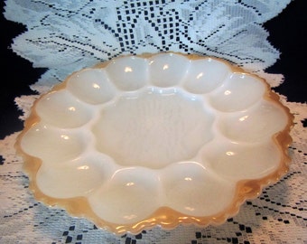 vintage Deviled Egg Plate * Milk Glass deviled egg tray * Glass serving tray, serving platter ** mid century
