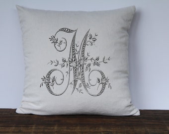 Monogrammed pillow cover, French Farmhouse pillow, Decorative Pillow, Vintage Pillow, Wedding Gift, Anniversary Gift, Housewarming Gift