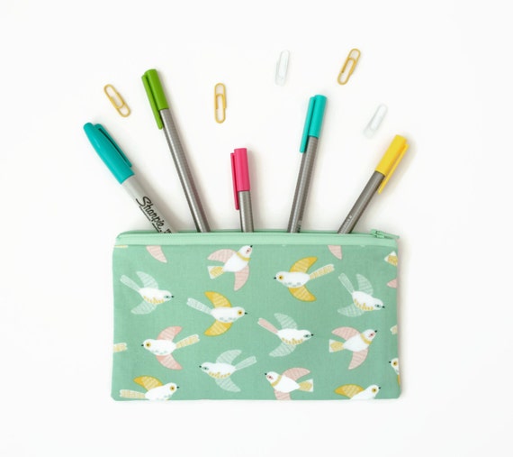 Pastel Green Pencil Case in Cute Birds Fabric Small Makeup Bag
