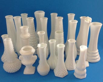 24 Milk Glass Vases - Wedding and Shower Centerpieces - All Different Patterns and Styles - Unique Collection of Vintage Milk Glass Vases