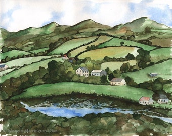 LARGE Ireland Watercolor - Rolling Hills of Ireland - Irish Painting - Ireland Landscape