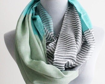 Mint Green and Gray Infinity Scarf, Gray Stripe and Color Block Infinity Scarf, Fashion Scarf, For Women, Scarf For Women, Scarf Gift