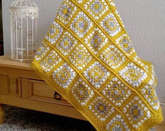 Mustard yellow, grey and white granny square crochet baby blanket. Handmade with love