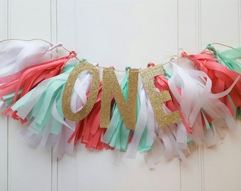 High Chair Banner Girl...First Birthday Banner...Tissue Paper Tassel Garland...Mint Coral and Gold Birthday Party...1st Birthday Banner
