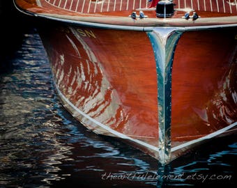 Lake house decor, Nautical decor, Boat art, Wooden boat photography, Beach house, Chris Craft boat, Coastal decor // Wood & Chrome boat bow