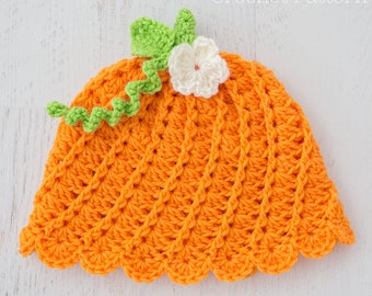 Crochet Pattern - Crochet Pumpkin Beanie Pattern, Crochet Little Cuties Orange Beanie, Crochet Baby Beanie with Flower, Crochet Flower Leaf
