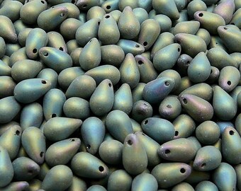 30pcs Czech Glass Beads Teardrop 6x9mm Jet Green Iris (TD012)
