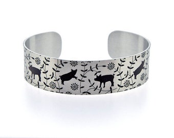 Cuff bracelet, pig metal bangle in brushed silver aluminium with pigs. Recycled jewellery. Farm animals and Pig gifts. Secret message. B497