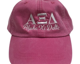 Alpha Xi Delta Script Design Hot Pink Hat with White Thread Hat