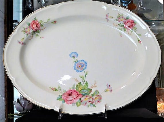 1940s Large Oval Serving Platter Early Mid Century Edwin Knowles Farm Farmhouse Country Cottage Wedding Home Decor Roses Morning Glory Peony